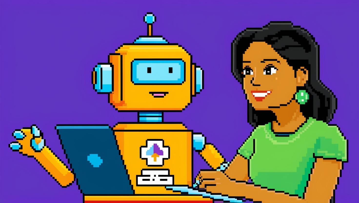 a pixel art of AI helping a woman to write content